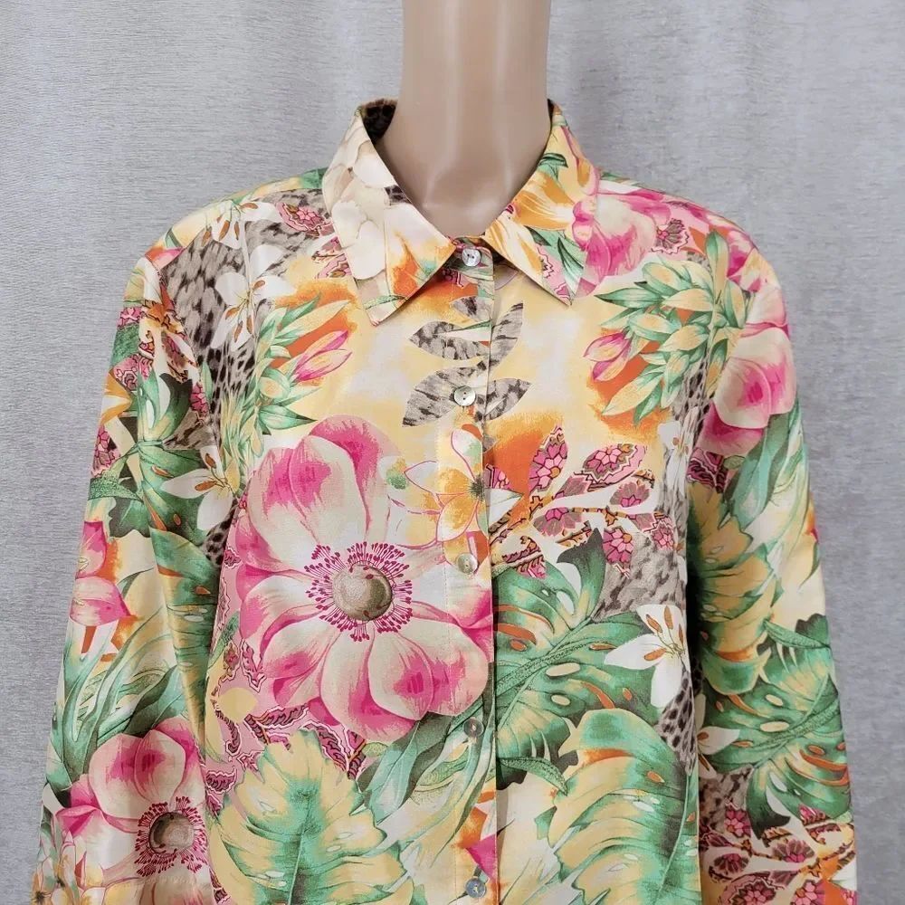 Clothes Silk Tropical Floral Leopard Print Women's Top Button Down Blouse - Picture 2 of 9